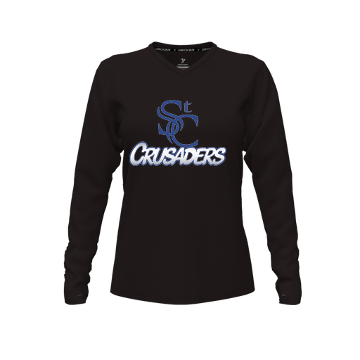 [CUS-DFW-TEES-CMF-VNK-LSL-BLK-FYXS-LOGO1] Decker Comfort T-Shirt (Female Youth XS, Black, V Neck, Logo 1, Long Sleeve)