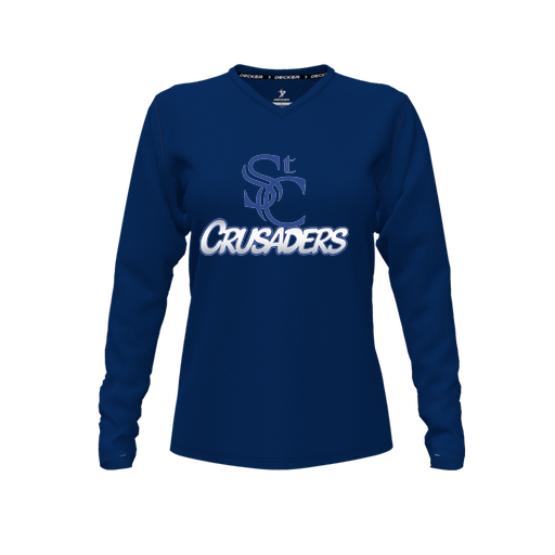 [CUS-DFW-TEES-CMF-VNK-LSL-NVY-FYXS-LOGO1] Decker Comfort T-Shirt (Female Youth XS, Navy, V Neck, Logo 1, Long Sleeve)