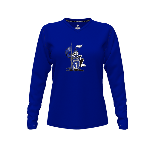 [CUS-DFW-TEES-CMF-VNK-LSL-RYL-FYXS-LOGO2] Decker Comfort T-Shirt (Female Youth XS, Royal, V Neck, Logo 2, Long Sleeve)