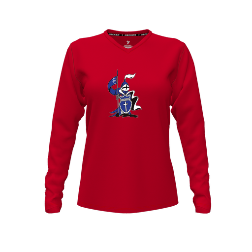 [CUS-DFW-TEES-CMF-VNK-LSL-RED-FYXS-LOGO2] Comfort T-Shirt (Female Youth XS, Red, V Neck, Logo 2, Long Sleeve)