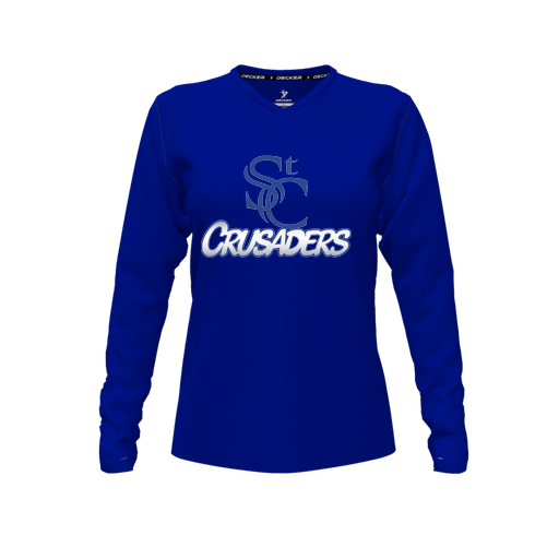 [CUS-DFW-TEES-PER-VNK-LSL-RYL-FYXS-LOGO1] Decker Performance T-Shirt (Female Youth XS, Royal, V Neck, Logo 1, Long Sleeve)