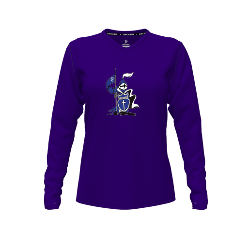 [CUS-DFW-TEES-PER-VNK-LSL-PUR-FYXS-LOGO2] Decker Performance T-Shirt (Female Youth XS, Purple, V Neck, Logo 2, Long Sleeve)